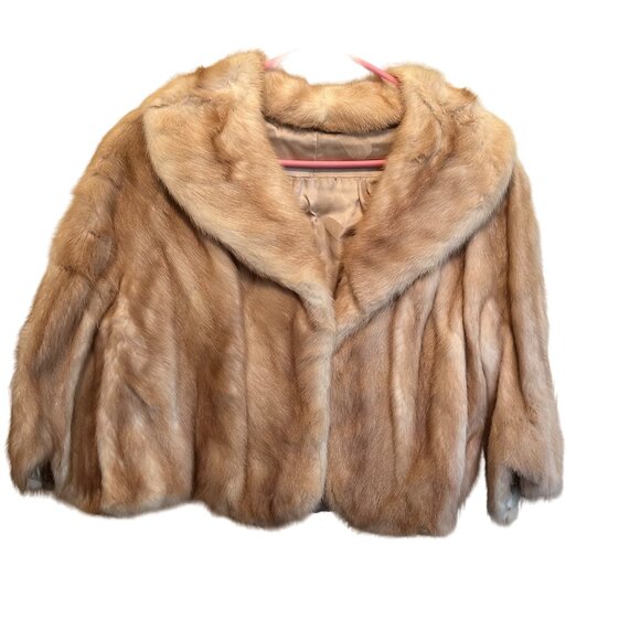 Vintage Faux Fur Cape Tan 3/4 Sleeve Hook Closure - Picture 1 of 8